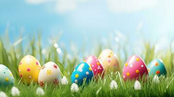 AI generated A vibrant green grass background with colorful Easter eggs scattered throughout photo