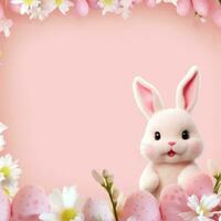 AI generated pink background with a cute and whimsical Easter bunny in the center, surrounded by spring flowers photo