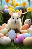 AI generated A beautiful background with colorful Easter eggs and blooming spring flowers, photo