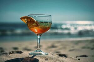 AI generated Glass with cocktail on the beach created with generative AI technology photo