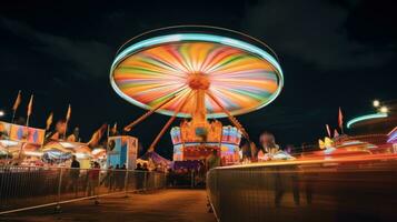 ai generado emoción de carnaval paseos, con brillante luces y un bullicioso carnaval atmósfera en el antecedentes. foto