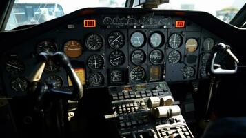 AI generated cockpit of an airplane, showing the instruments and controls up close photo