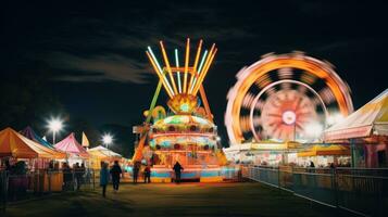 AI generated thrill of carnival rides, with bright lights and a bustling carnival atmosphere in the background. photo