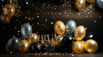 AI generated sophisticated black and gold balloon background photo