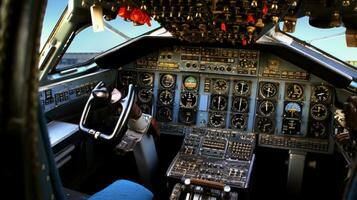 ai generado cabina de un avión, demostración el instrumentos y control S arriba cerca foto