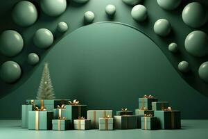 AI generated christmas stage on green background with christmas gifts, photo