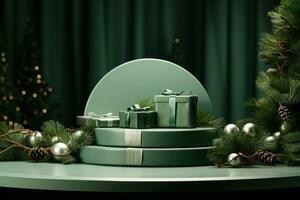 AI generated christmas stage on green background with christmas gifts, photo