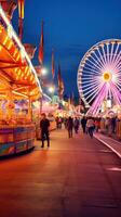 AI generated thrill of carnival rides, with bright lights and a bustling carnival atmosphere in the background. photo