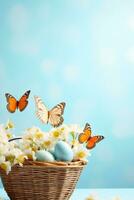 AI generated Easter basket filled with eggs andfluttering butterflies, set against a light blue background photo