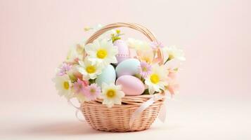 AI generated Easter basket filled with eggs andfluttering butterflies, set against a light pink background photo