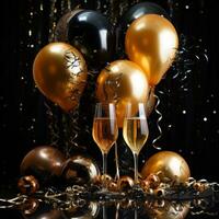 AI generated sophisticated black and gold balloon background photo