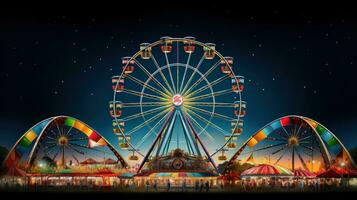 AI generated towering ferris wheel set against a lively carnival scene, perfect for showcasing your message photo