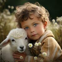 AI generated ittle boy sitting in a field of flowers with a baby lamb cuddled up next to him photo