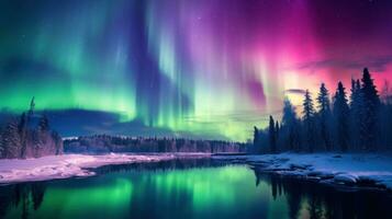 ai generado vibrante colores de el del Norte luces, con verde y púrpura matices bailando a través de el cielo. foto