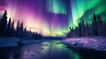 AI generated vibrant colors of the Northern Lights, with green and purple hues dancing across the sky. photo
