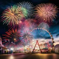 AI generated spectacular fireworks display against a carnival backdrop. photo