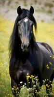 AI generated A striking black horse with glossy coat and piercing eyes, standing in a field of wildflowers photo