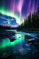 ai generado vibrante colores de el del Norte luces, con verde y púrpura matices bailando a través de el cielo. foto