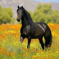 ai generado un sorprendentes negro caballo con lustroso Saco y perforación ojos, en pie en un campo de flores silvestres foto