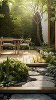 AI generated garden that blends natural elements with modern design, featuring a stone pathway photo