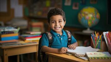 ai generado un joven niño participación un libro y sonriente, rodeado por colegio suministros me gusta lapices y cuadernos foto