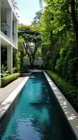 AI generated contemporary garden with a long, narrow pool surrounded by lush greenery photo