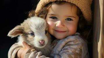 ai generado un adorable Disparo de un pequeño niña abrazando un bebé cabra, ambos de ellos mirando dentro el cámara foto