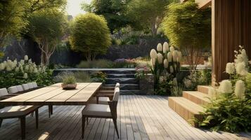 AI generated garden that blends natural elements with modern design, featuring a stone pathway photo