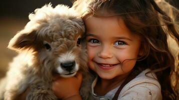 ai generado un adorable Disparo de un pequeño niña abrazando un bebé cabra, ambos de ellos mirando dentro el cámara foto