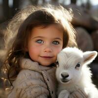 AI generated An adorable shot of a little girl hugging a baby goat, both of them looking into the camera photo