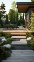 AI generated garden that blends natural elements with modern design, featuring a stone pathway photo