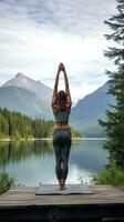 ai generado un mujer haciendo un parada de manos en un yoga estera, con un pacífico, sereno ajuste en el antecedentes foto