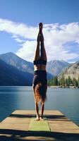 AI generated A woman doing a handstand on a yoga mat, with a peaceful, serene setting in the background photo