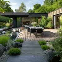 AI generated garden that blends natural elements with modern design, featuring a stone pathway photo