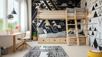 AI generated trendy children's room with a black and white wallpaper accent wall, a wooden bunk bed photo