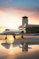 AI generated a private jet on the tarmac, with the airport terminal and control tower in the background. photo