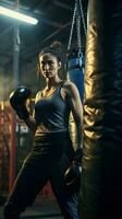 AI generated A woman boxing with a punching bag, with a gritty, industrial setting in the background photo