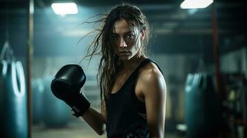 AI generated A woman boxing with a punching bag, with a gritty, industrial setting in the background photo