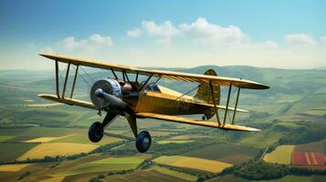 AI generated A vintage biplane flying over a rural landscape, with green fields and blue skies in the background photo