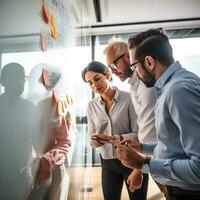 AI generated A team of coworkers brainstorming and writing on a whiteboard in a brightly lit office photo