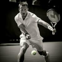 AI generated A tennis player hitting a forehand shot, with the ball in mid-air and the opponent visible in the background photo