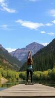 ai generado un mujer haciendo un parada de manos en un yoga estera, con un pacífico, sereno ajuste en el antecedentes foto