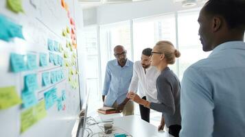 AI generated A team of coworkers brainstorming and writing on a whiteboard in a brightly lit office photo