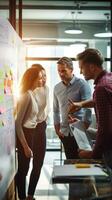 AI generated A team of coworkers brainstorming and writing on a whiteboard in a brightly lit office photo