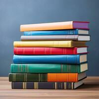 AI generated A stack of books with colorful spines, representing a variety of subjects and academic disciplines photo