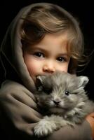 AI generated A sweet image of a child holding a baby bunny in their lap, the two of them snuggled up together photo