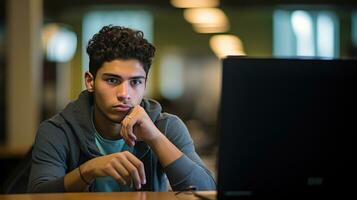 ai generado un estudiante sentado a un escritorio, mirando a un computadora pantalla con un grave expresión foto