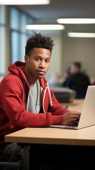 AI generated A student sitting at a desk, looking at a computer screen with a serious expression photo