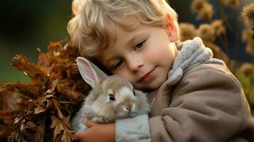 AI generated A sweet image of a child holding a baby bunny in their lap, the two of them snuggled up together photo
