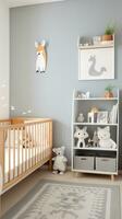 AI generated A stylish children's room with a gray and white color scheme, a wooden crib with a gray crib sheet photo